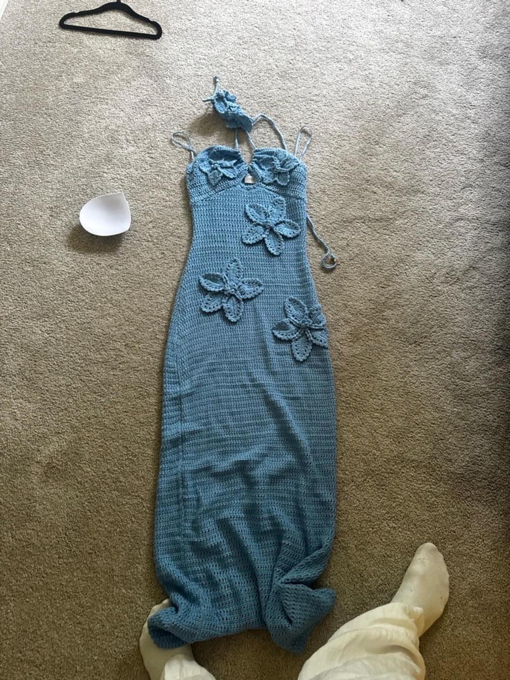 Meshki Blue Crochet Maxi Dress with Floral Appliqué